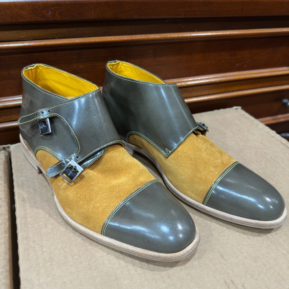 Mens Undandy Double Monk Strap Gray And Tan Leather Dress Shoes Size US 7 EU 40